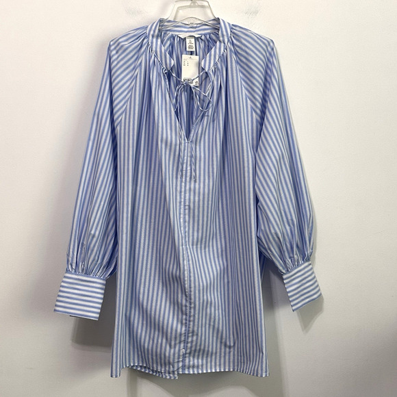 H&M Dresses & Skirts - H&M Oversized Tie Detail Dress L Blue Stripe Cotton Long Sleeve Trendy Party NEW